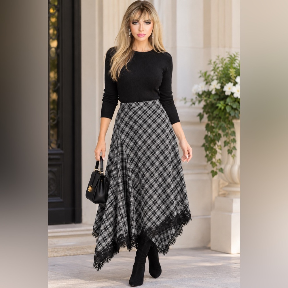 Plaid Lace-Hem Midi Skirt in Black and Gray